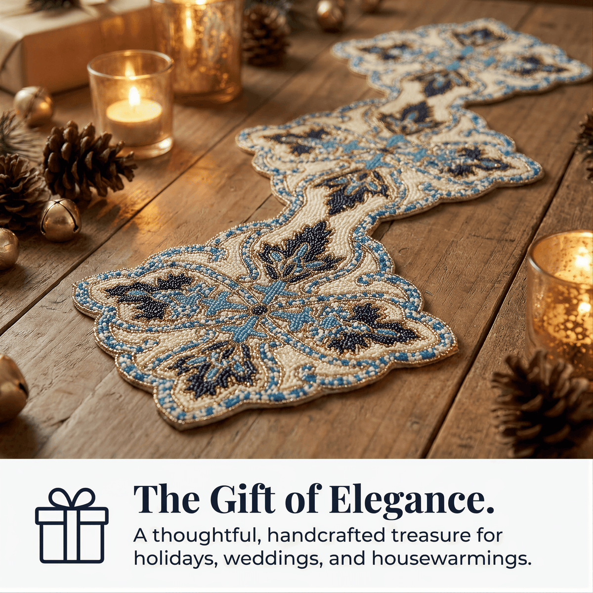 Beaded Table Runner – Blue White, 36x13 Inch