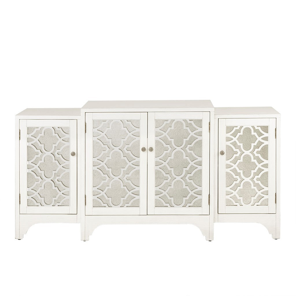 Verona Dining Buffet Server Quaterfoil Design Kitchen Storage Cabinet with Mirrored Doors - cream