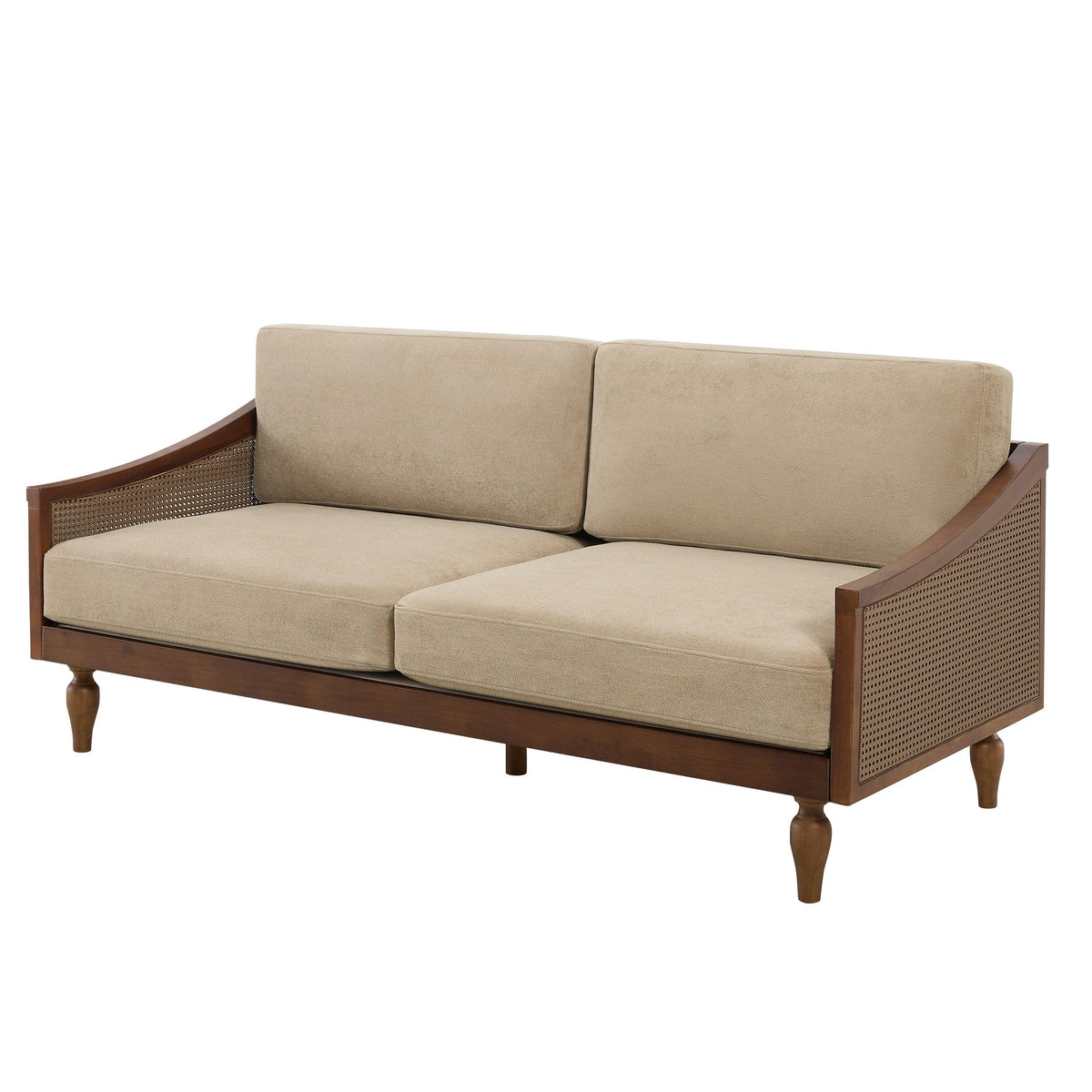 Modern Light Brown Chenille 3-Seater Sofa with Solid Wood Frame & Rattan Arms