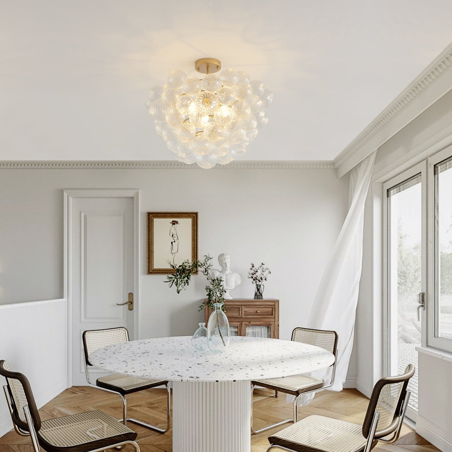 Gold Pendant Chandelier with Threaded Clear Glass Globe Shade for Living, Dining & Kitchen