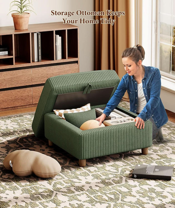 Emerald Corduroy Storage Ottoman 25 Inch Cushioned