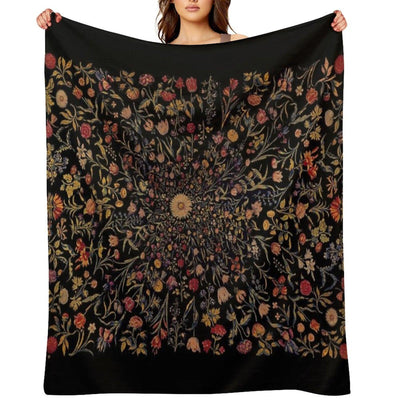 Medieval Flowers on Black Throw Blanket