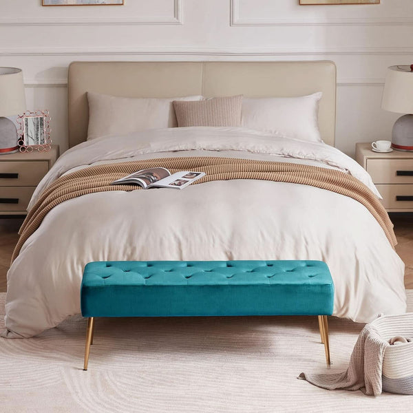Velvet Upholstered Button Tufted Ottoman Gold Base