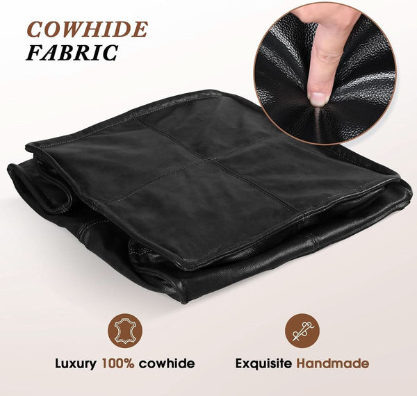 Genuine Full Grain Leather Ottoman Memory Foam Pouf Black
