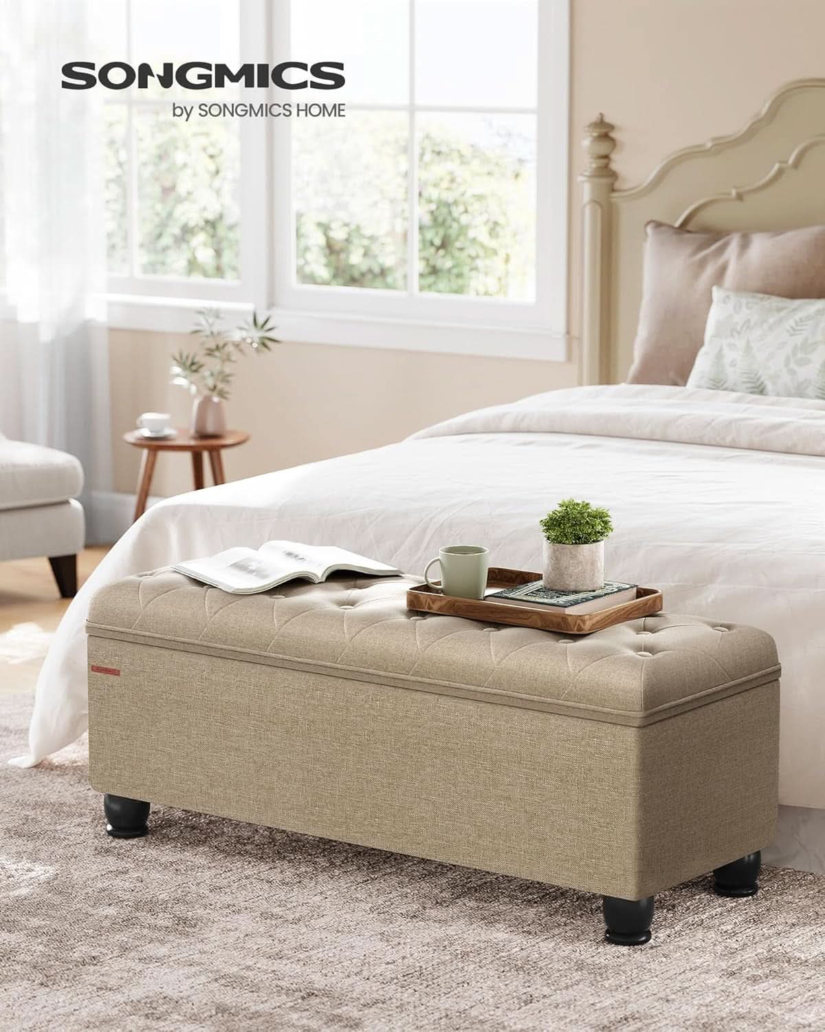 Camel Brown Linen Storage Ottoman Bench Reinforced