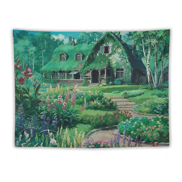 Anime Movie House with Flowers Scenery Tapestry
