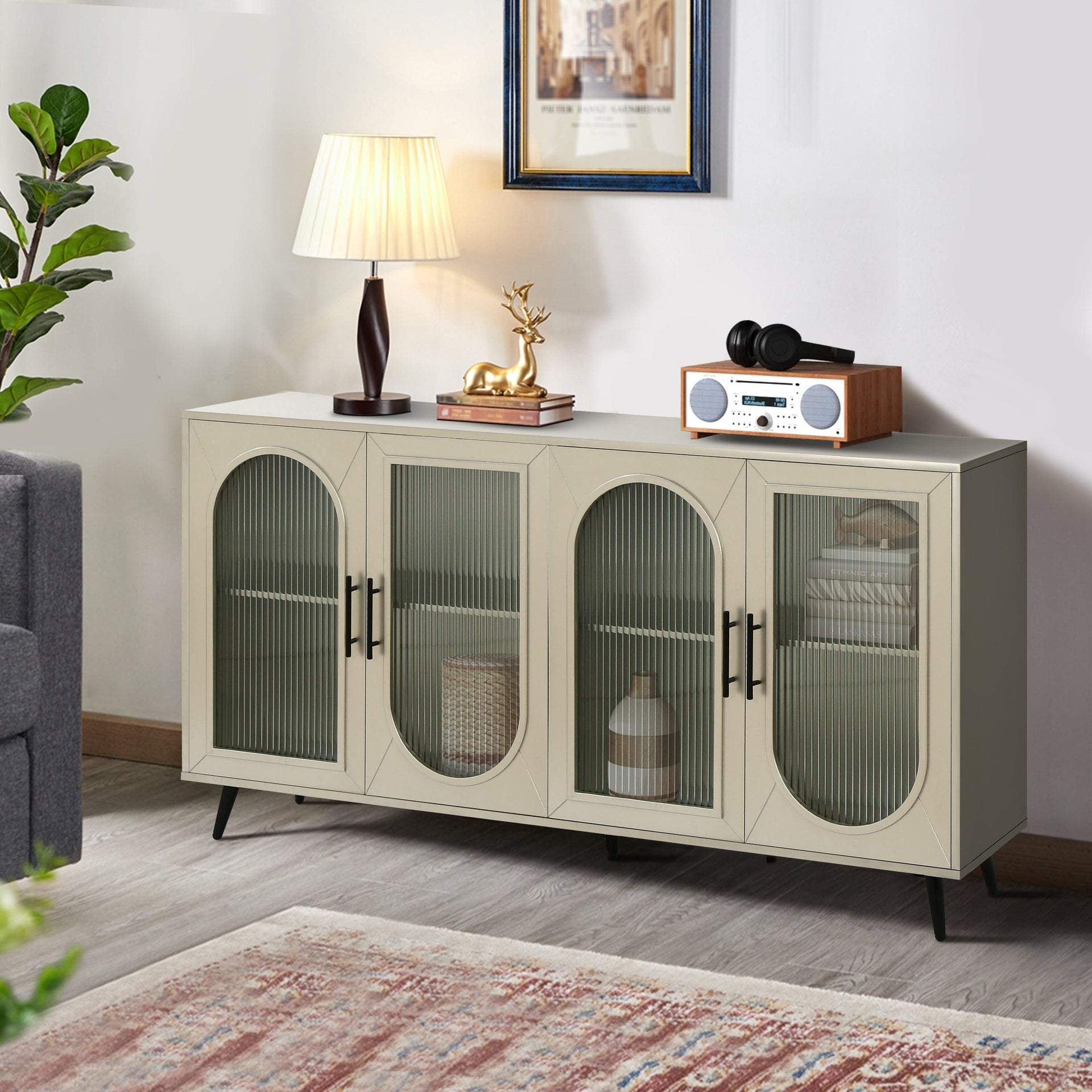 Wood TV Stand with Storage Cabinet & Adjustable Shelves