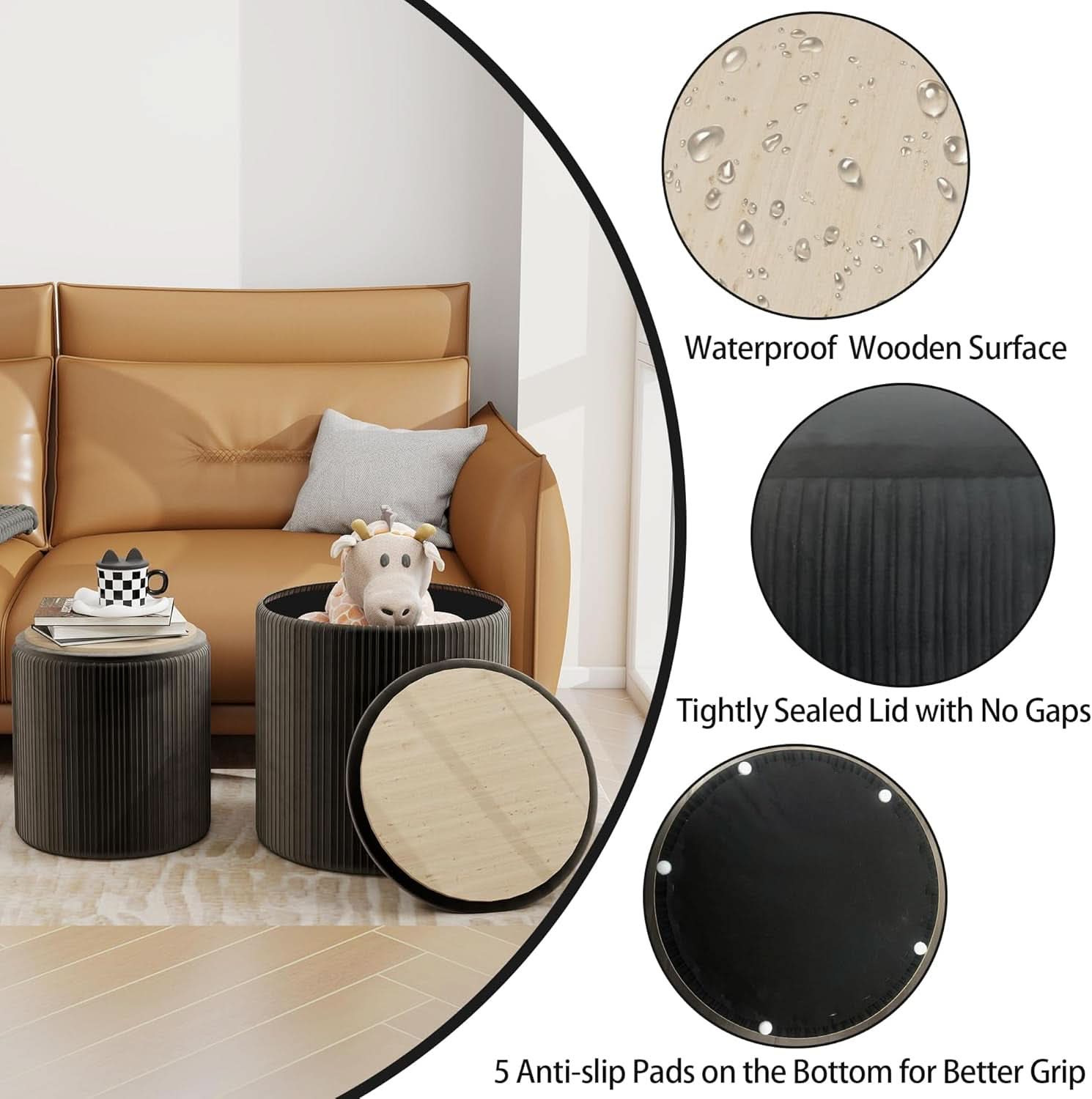 Round Velvet Storage Ottoman Black Lacquered Finish