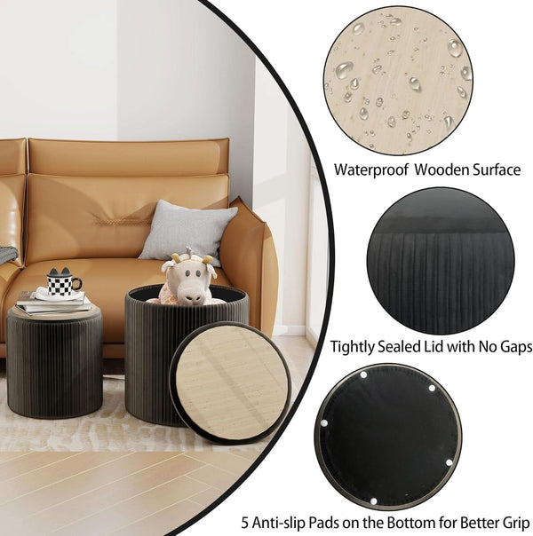 Round Velvet Storage Ottoman Black Lacquered Finish
