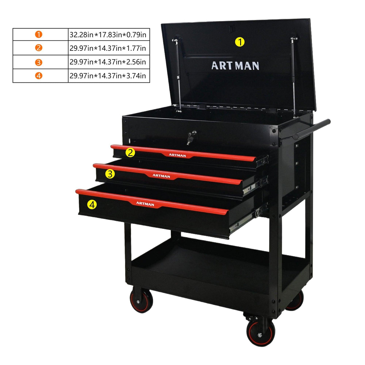 3 Drawers Multifunctional Tool Cart with Wheels and Steel Top