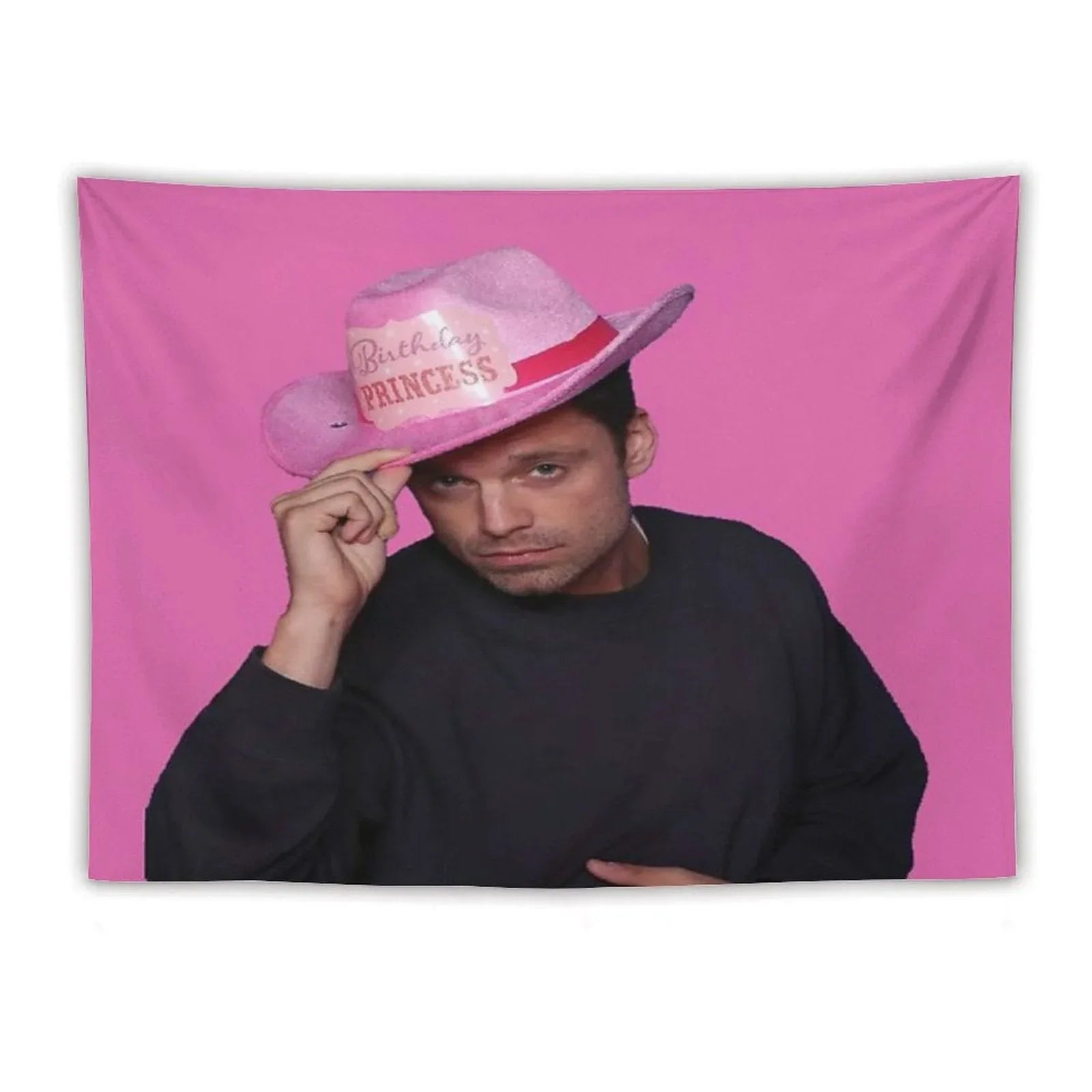 Yes Haw! Sebastian Stan with Pink Birthday Princess Cowboy Hat Tapestry