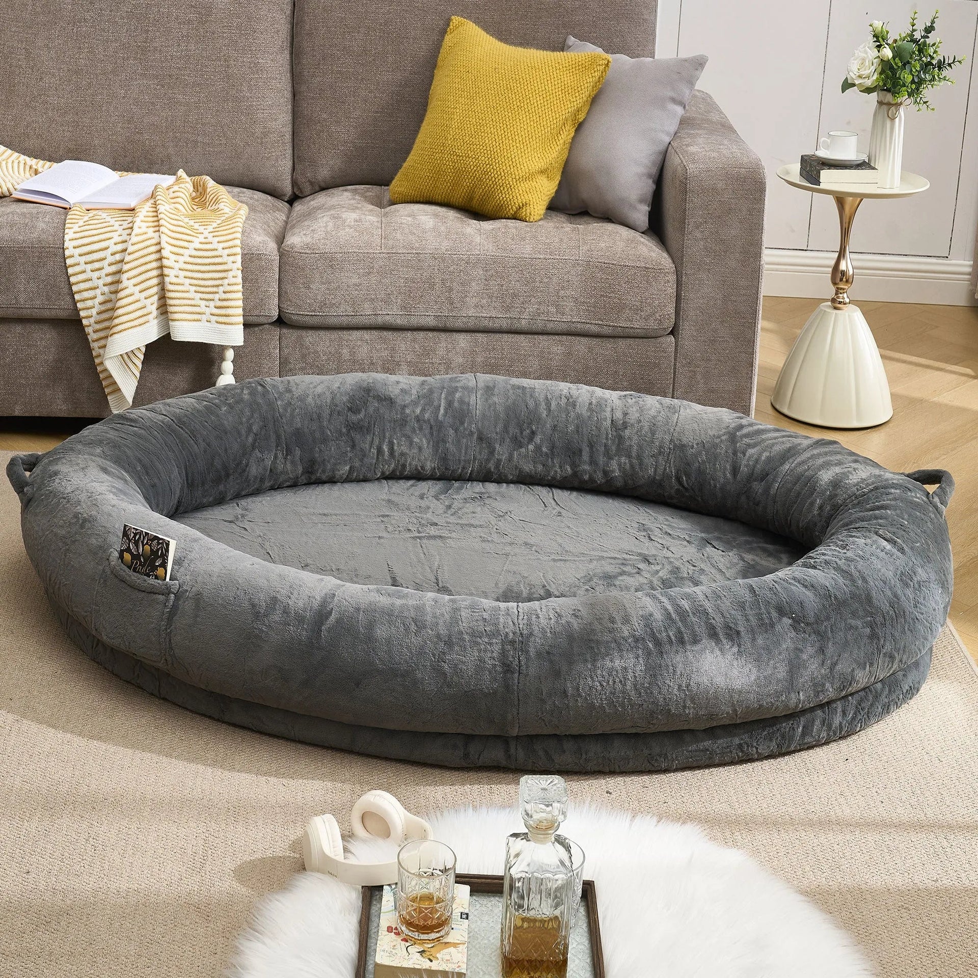 🇫🇷🇪🇪 🇸🇭🇮🇵🇵🇮🇳🇬 Human Dog Bed for Adult, Memory Foam Human Size Pet Bed for Human With Storage Pocket, Dark Gray