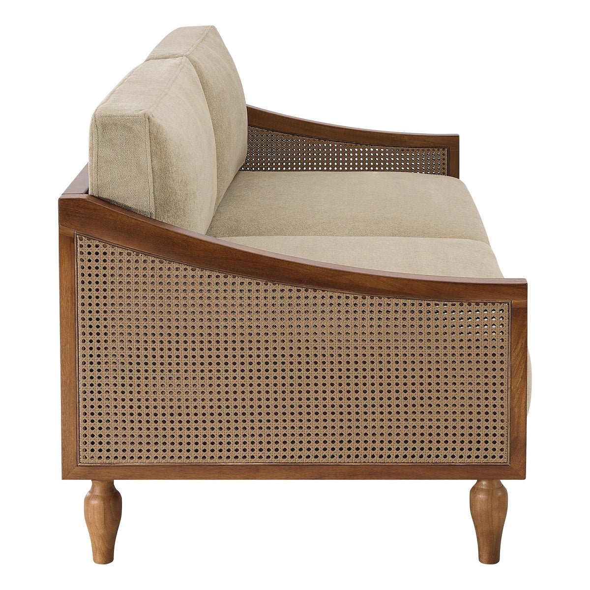 Modern Light Brown Chenille 3-Seater Sofa with Solid Wood Frame & Rattan Arms