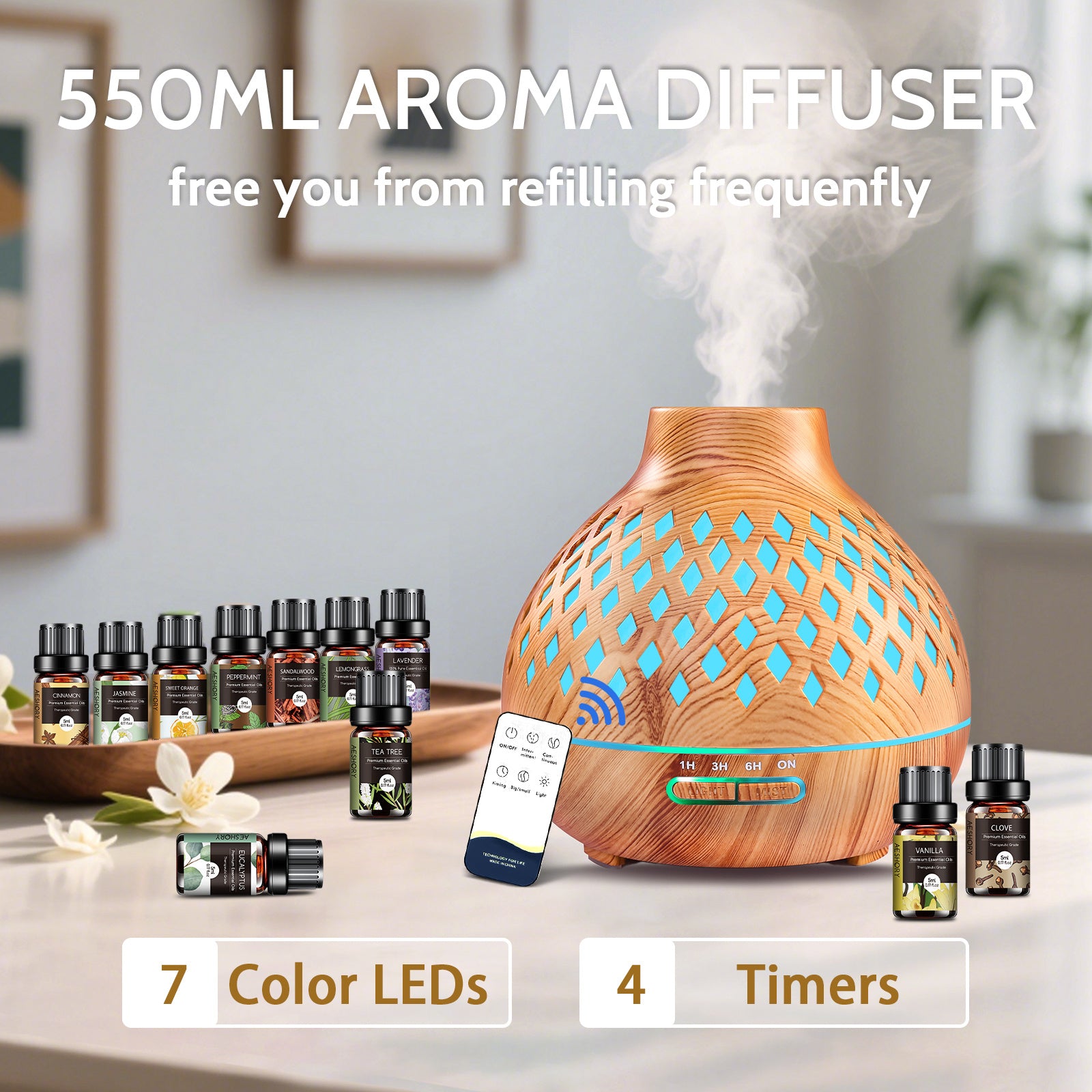 550ML Large Capacity Essential Oil Diffuser for Home | 12 Essential Oils Included, Remote Control