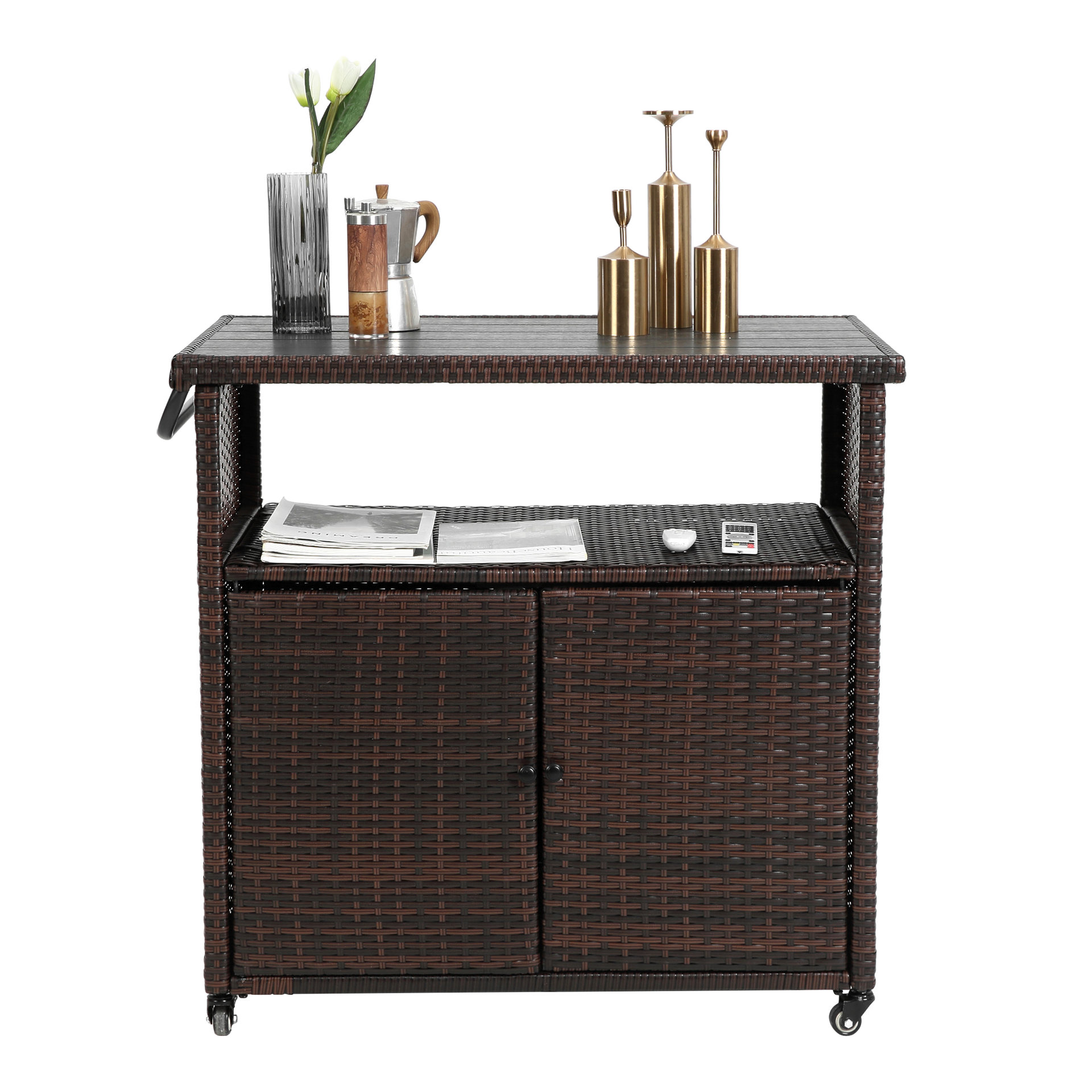Outdoor Wicker Bar Cart, Patio Wine Serving Cart w/Wheels , Rolling Rattan Beverage Bar Counter Table w/Glass Top for Porch Backyard Garden Poolside Party, Light brown