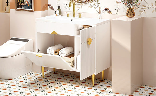 36' Bathroom Vanity with Resin Basin Sink, Modern Bathroom Sink Cabinet, Storage Cabinet with Soft-Closing Door and Drop-Down Door