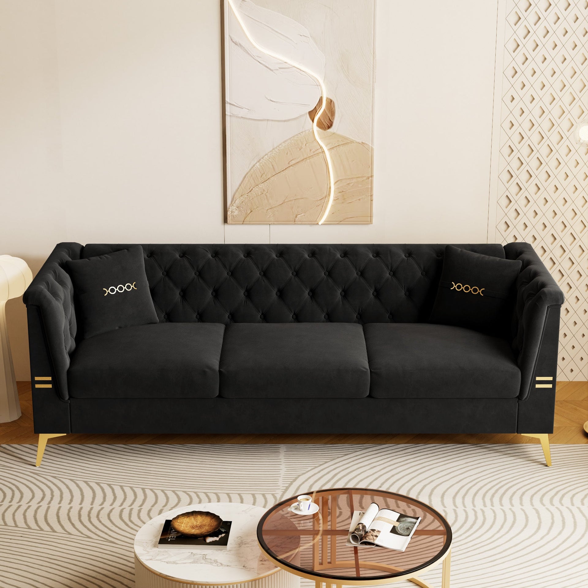 Black Velvet 3‑Seat Sofa