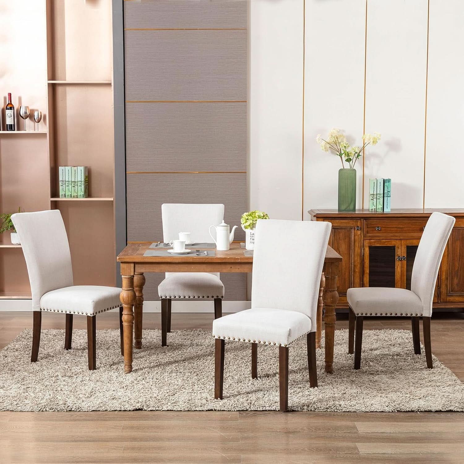 Beige Linen Upholstered High Back Counterheight Chairs