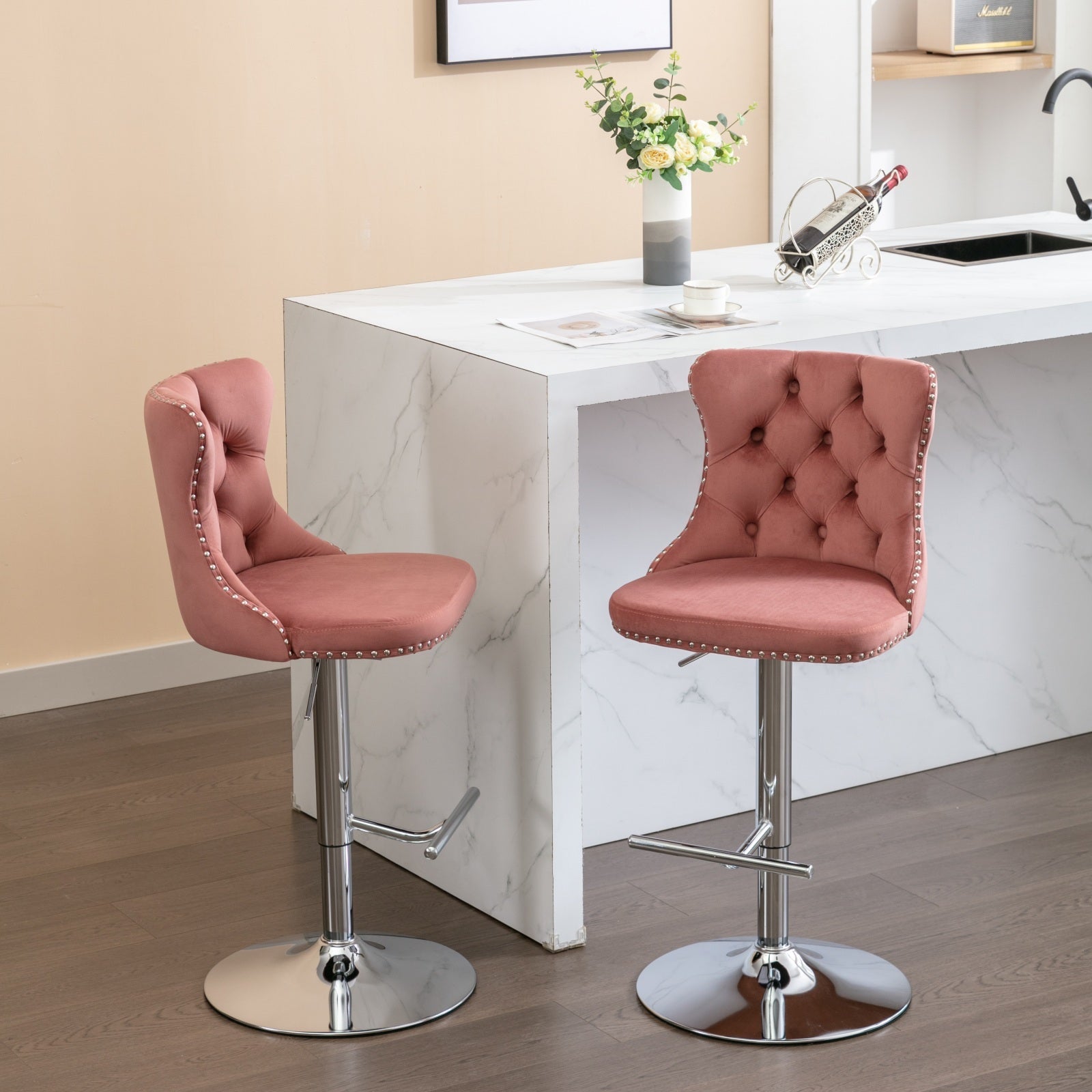 Modern Velvet Swivel Barstools with Adjustable Seat Height and Chrome Base