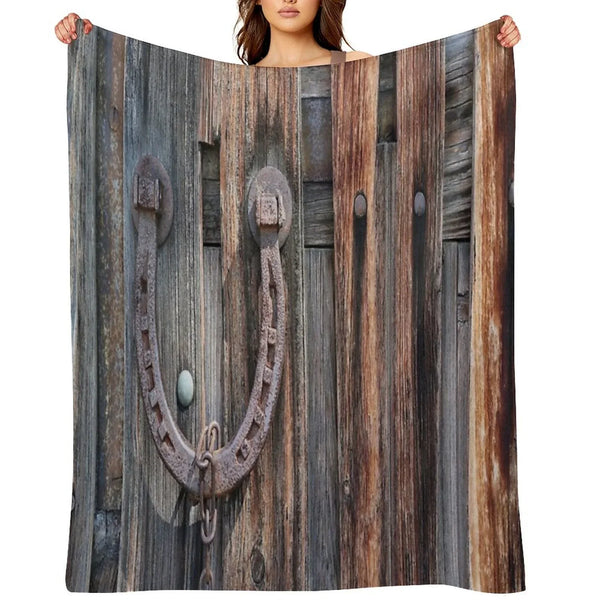 Distressed Barn Wood Rustic Equestrian Horseshoe Throw Blanket