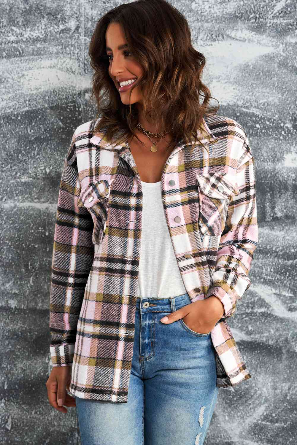 Classic Plaid Button Front Shirt Jacket with Breast Pockets Casual & Minimalist Outerwear