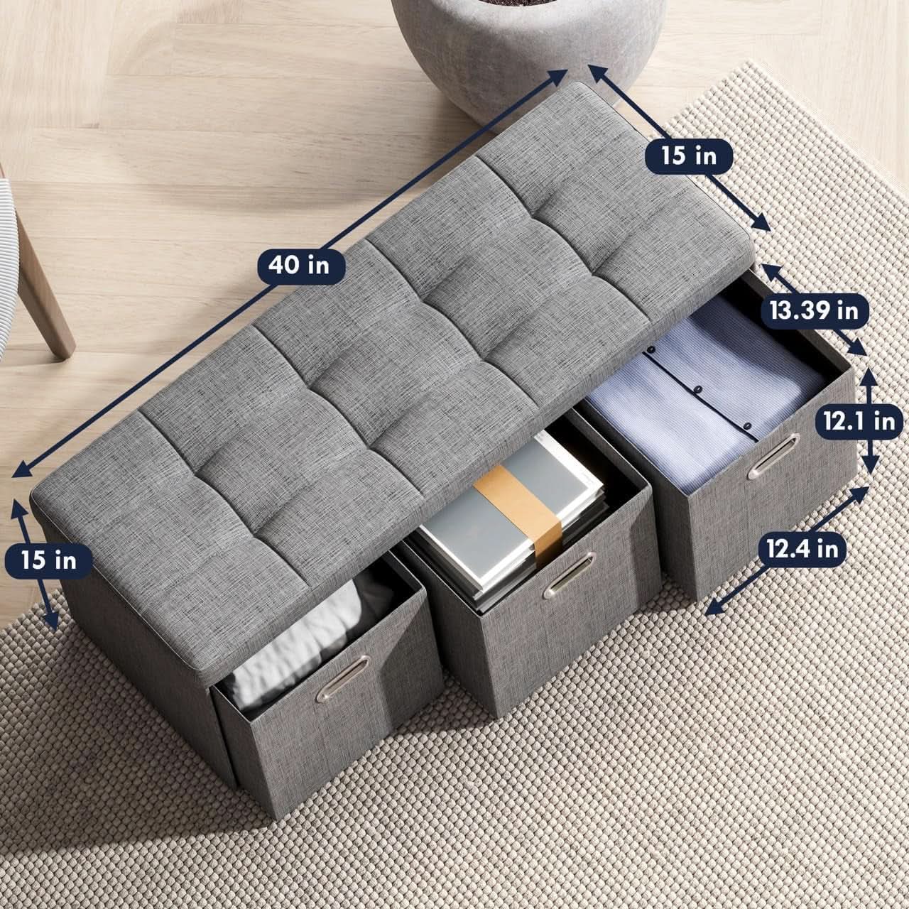 Oversized Forty Inch Gray Storage Ottoman With Drawers