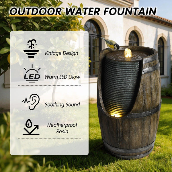 Resin Rustic Barrel Outdoor Water Fountain 24 Inch LED