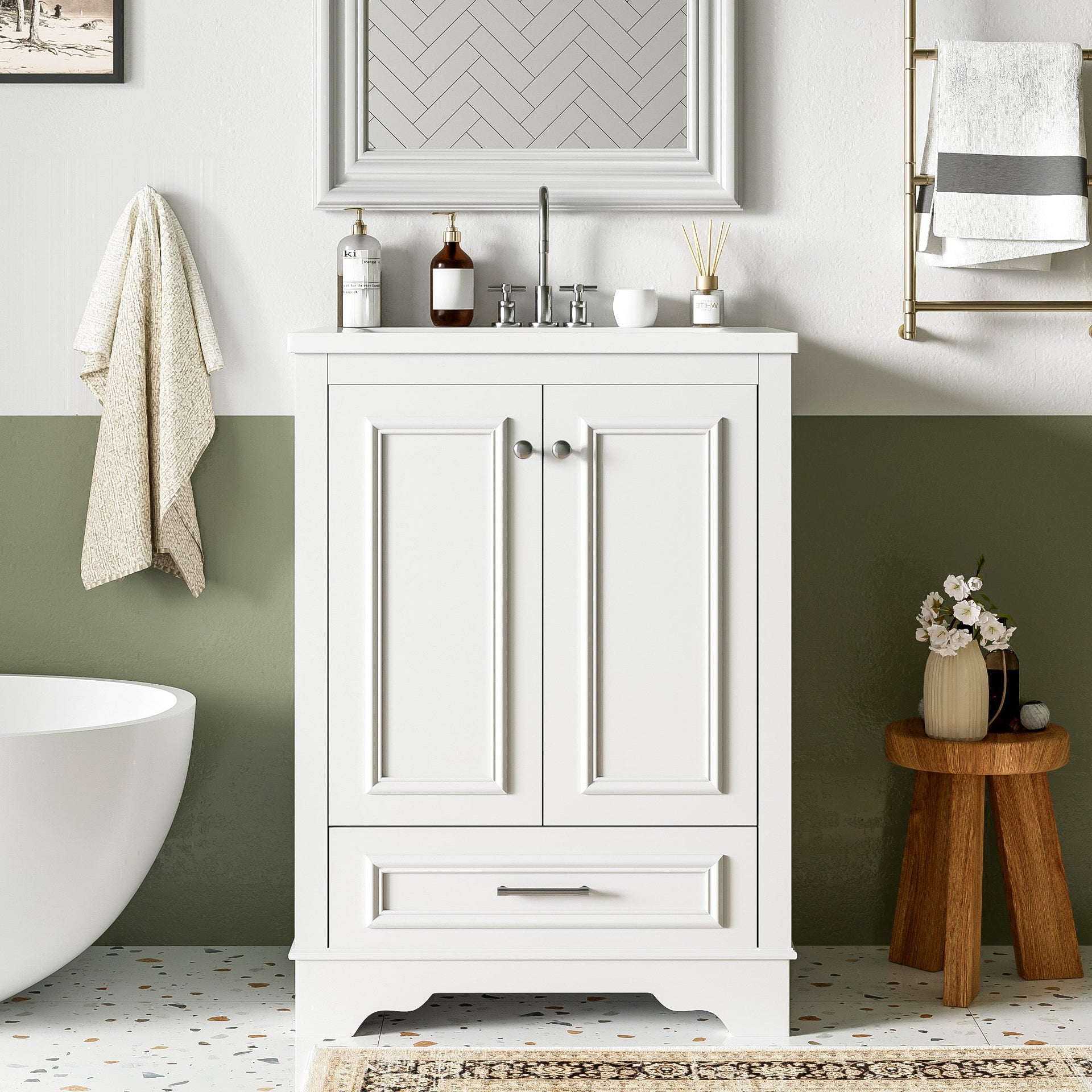 Bathroom Vanity with Ceramic Sink and Modern Freestanding Storage Cabinet, Soft-Close Doors