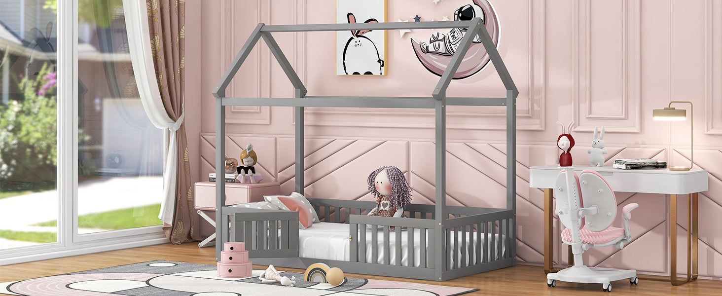 Twin Size Wood House Bed with Fence and Door - Gray