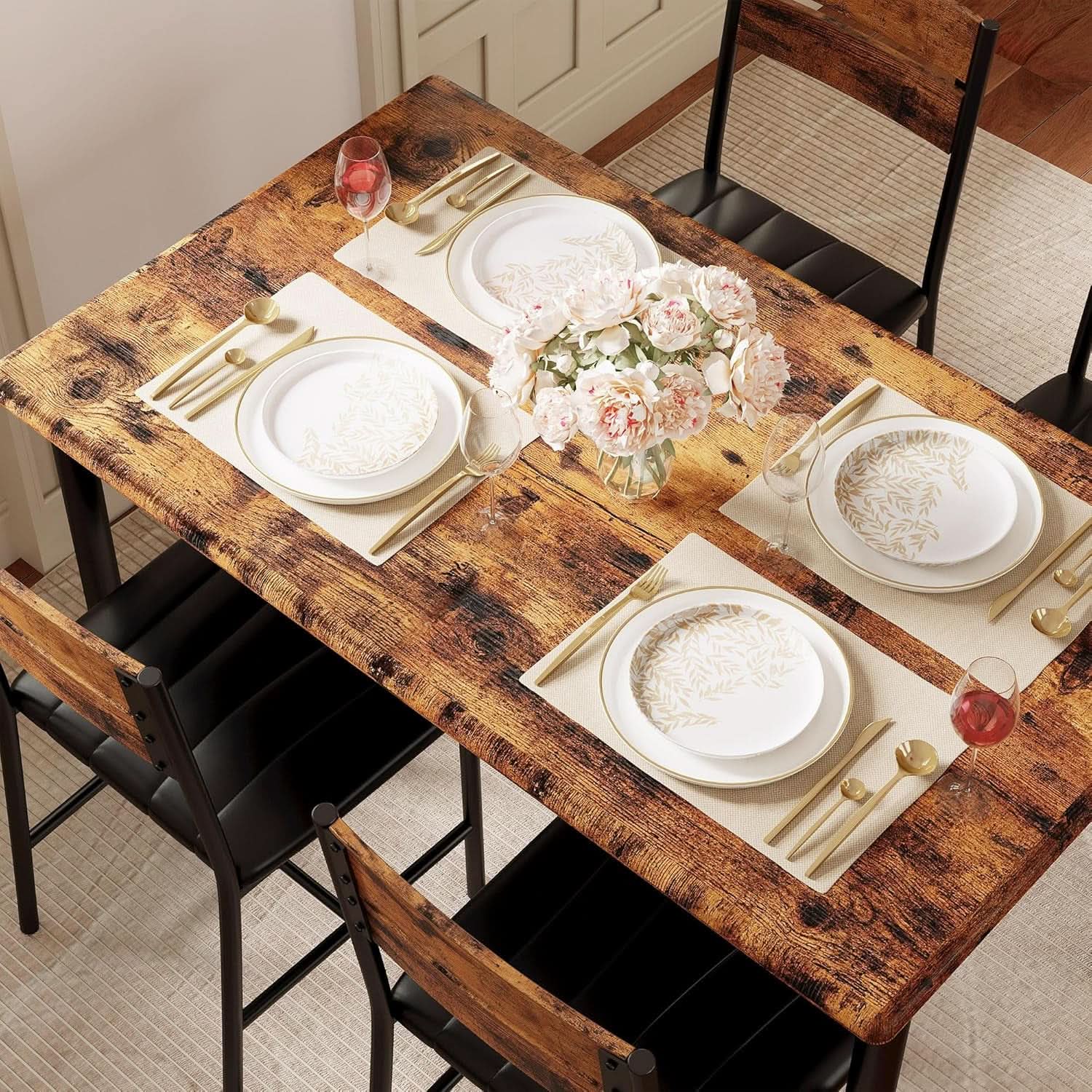 Dining Table Set For 4 Wood Kitchen Table With Upholstered Chairs Rustic Brown