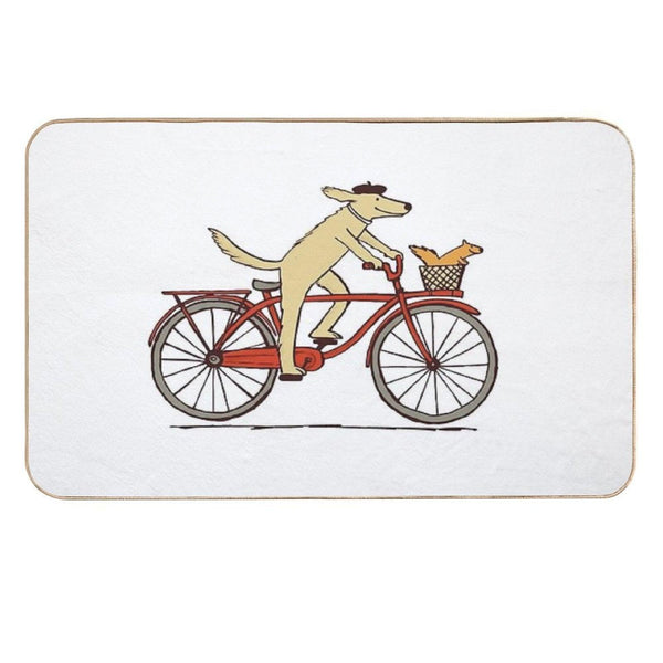 Dog And Squirrel Are Friends  Whimsical Animal Art  Dog Riding A Bicycle  Easy To Clean Bath Mat