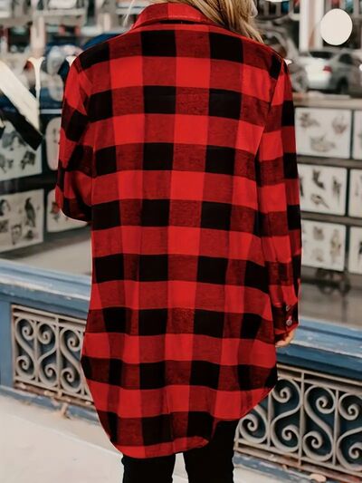 Deep Red Plaid Collared Neck Snap-Down Long Sleeve Jacket – Classic & Trendy Outerwear with Pockets