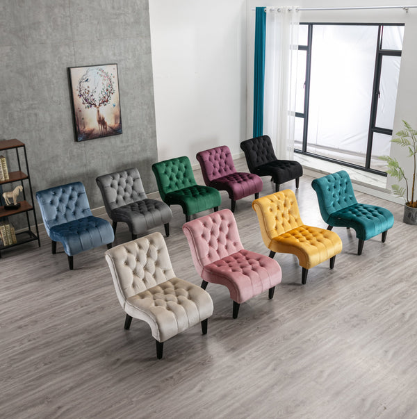 Modern Velvet Armless Accent Chair — Upholstered Button Fabric with Wooden Legs