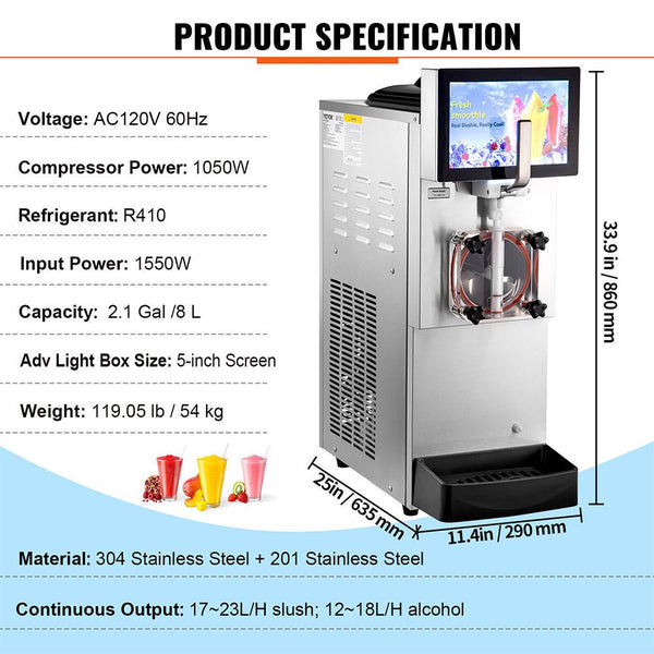 8L Commercial Single Frozen Margarita Ice Slushy Drink Maker Machine, 1050W (97420618)
