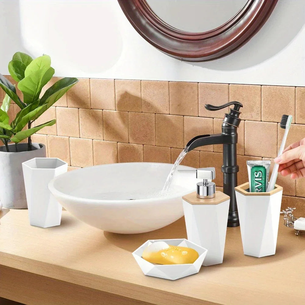 8pcs Bathroom Accessory Sets - Includes Toothbrush Holder, Cup, Soap Dispenser, Dish, Swab Box, Lotion Bottle, Toilet Brush, and Trash Can, Bathroom Supplies, Ideal Housewarming Gift, Bathroom Decor and Accessories