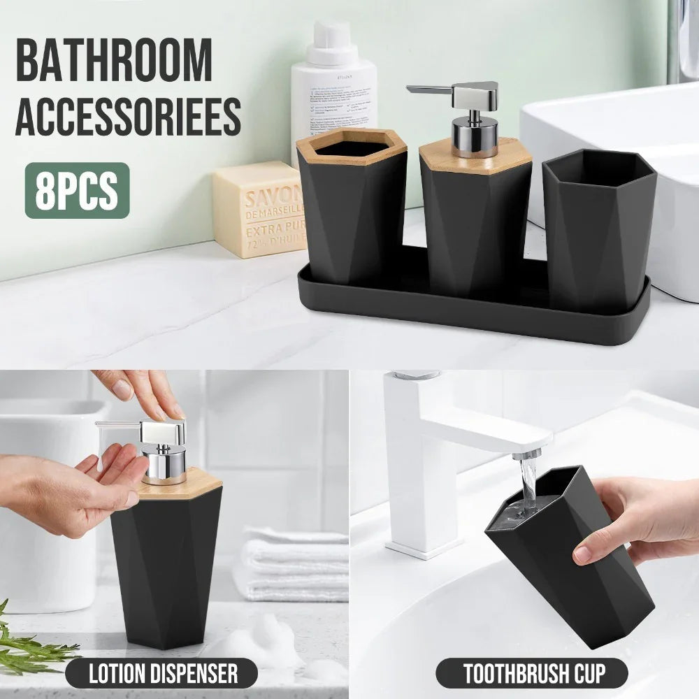 8pcs Bathroom Accessory Sets - Includes Toothbrush Holder, Cup, Soap Dispenser, Dish, Swab Box, Lotion Bottle, Toilet Brush, and Trash Can, Bathroom Supplies, Ideal Housewarming Gift, Bathroom Decor and Accessories