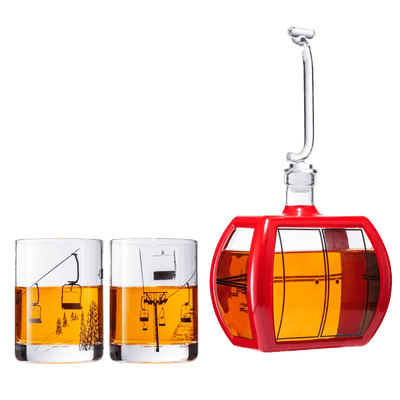 Ski Mountain Gondola Decanter & Glasses for Wine & Whiskey - 34oz - Two 10oz Snow Mountains Chairlift Glassware - Ski Home Decor - Skiier & Snowboarder Gifts, Vintage, Winter Skiers Decorations Gift