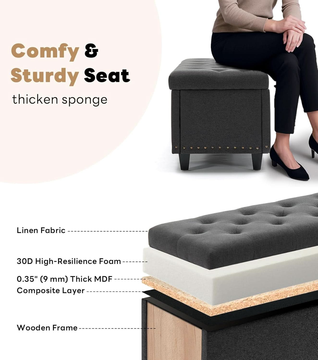 50.8 Inches Gray Upholstered Storage Ottoman Bench