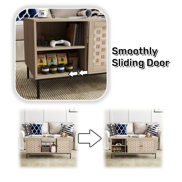 Elegant Veener Weaving Design Coffee Table with 4 Sliding Door BLAKHOM