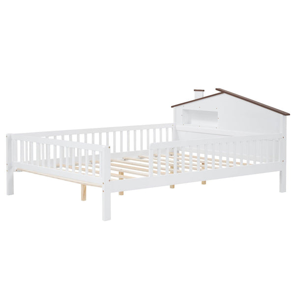 Full Size Wood Platform Bed with House-shaped Headboard, LED and Built-in Storage, White