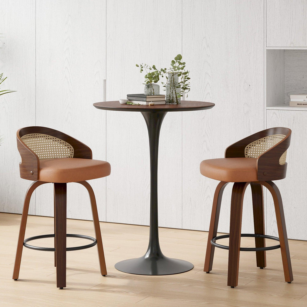 Modern Wood Frame with Rattan Back, Swivel Bar Stools Set of 2