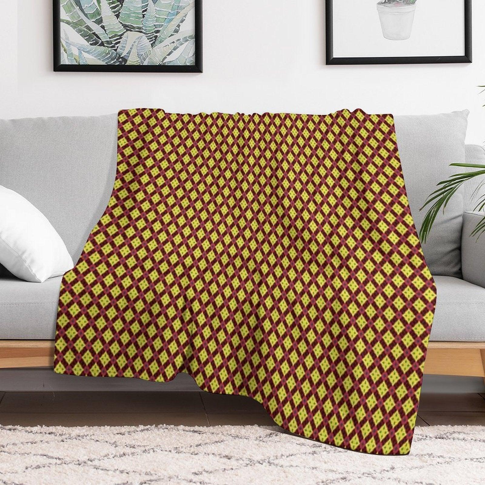 Golden Diamond Medallions Red Flowers Throw Blanket