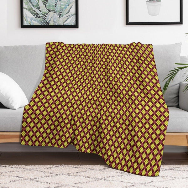 Golden Diamond Medallions Red Flowers Throw Blanket