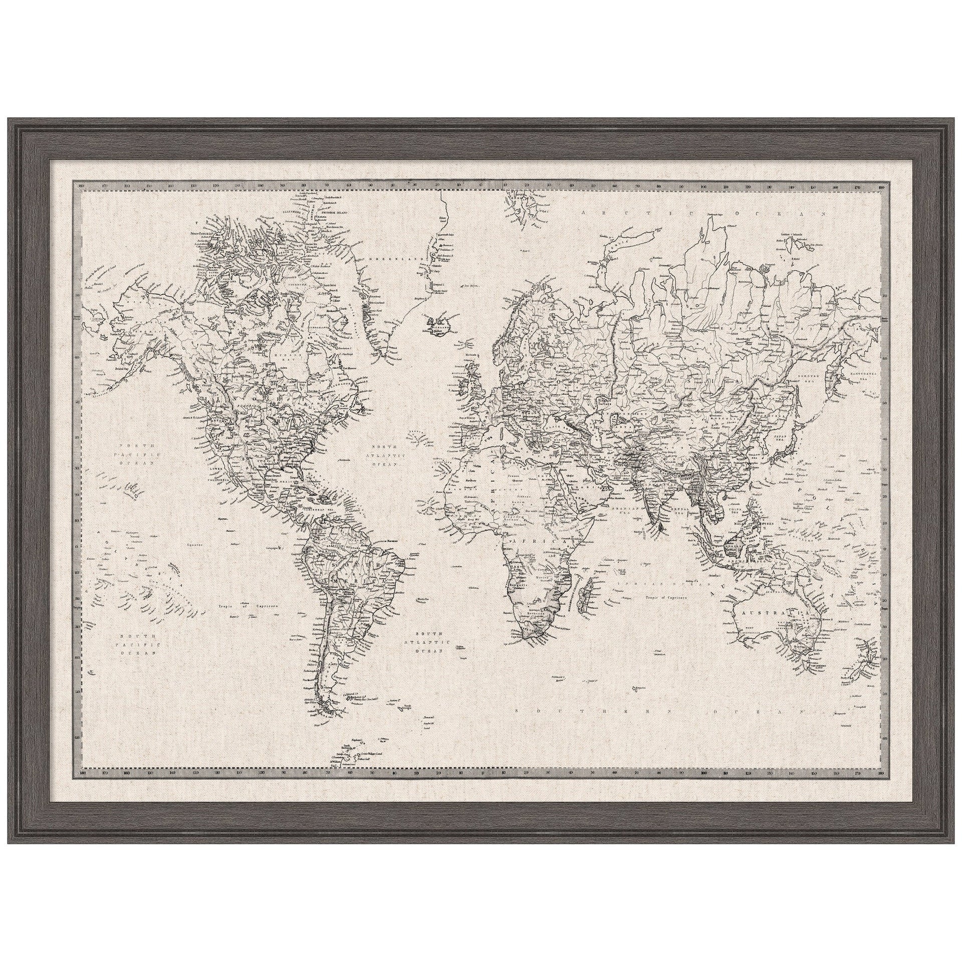 Framed Fabric Pinboard Vintage Black and White Linen World Map Wall Organization