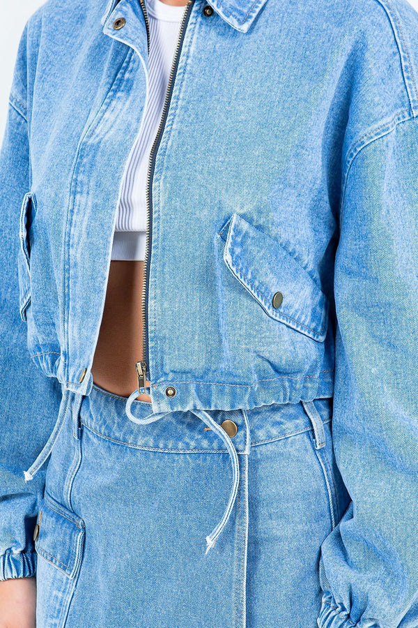 American Bazi Drawstring Waist Crop Girls Texas Jacket For Women Stylish and Adjustable Trucker Jacket