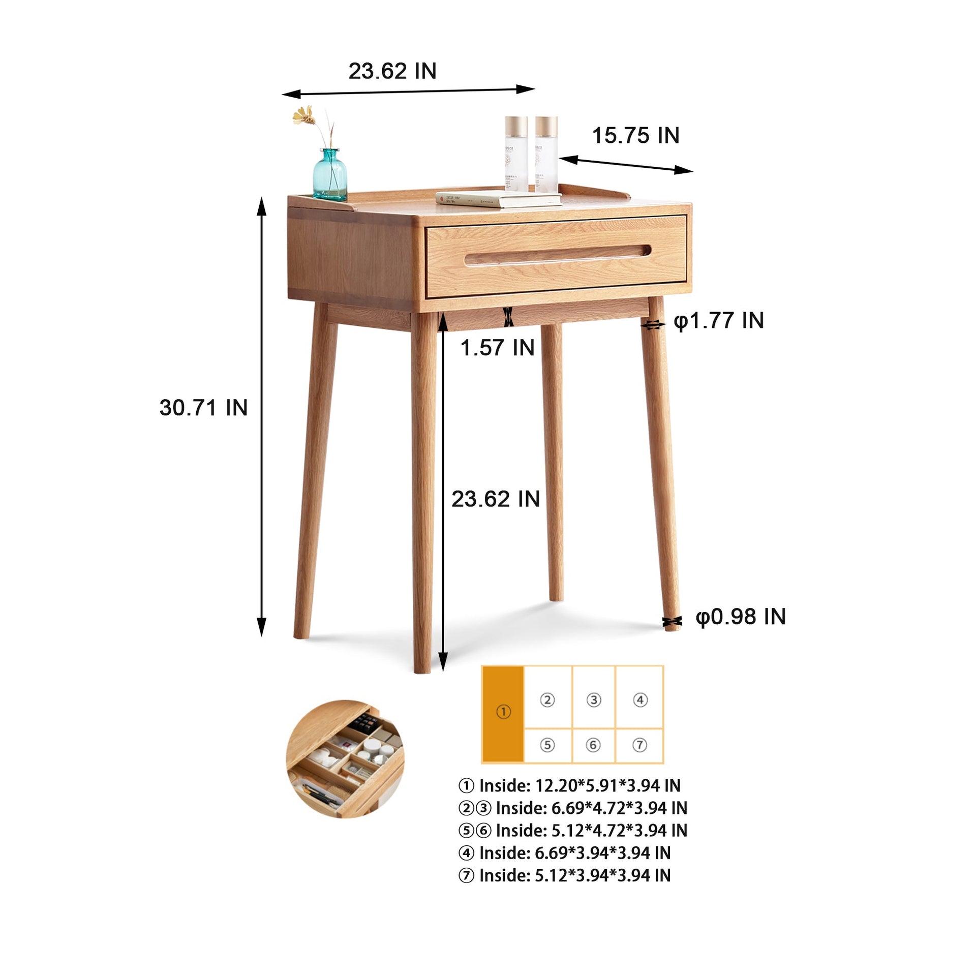 Solid Wood Oak Bistro Table Desk with Storage Drawer and Natural Finish, 60cm Width