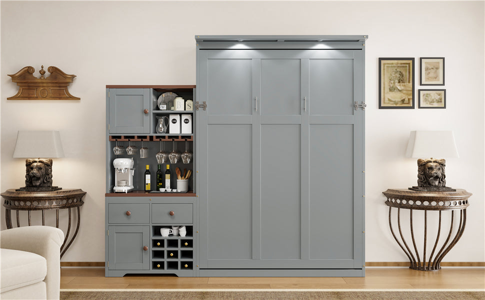 Murphy Bed with Storage Cabinet, Wine Rack, Glass Holder, Drawers & Multi-Color LED Strip