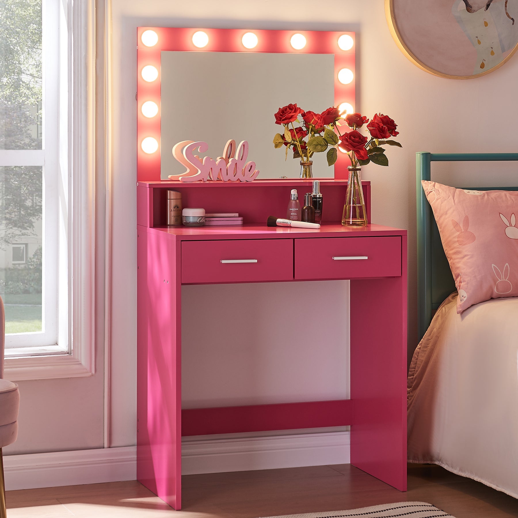 Vanity Desk with Mirror and Lights, Large Drawer and 2-Level Storage, Adjustable Brightness