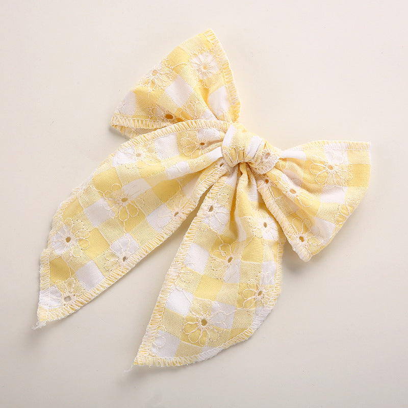 Children's Headwear Girl Plaid Cotton Embroidery Bow Hairpin Big Swallowtail Hairpin