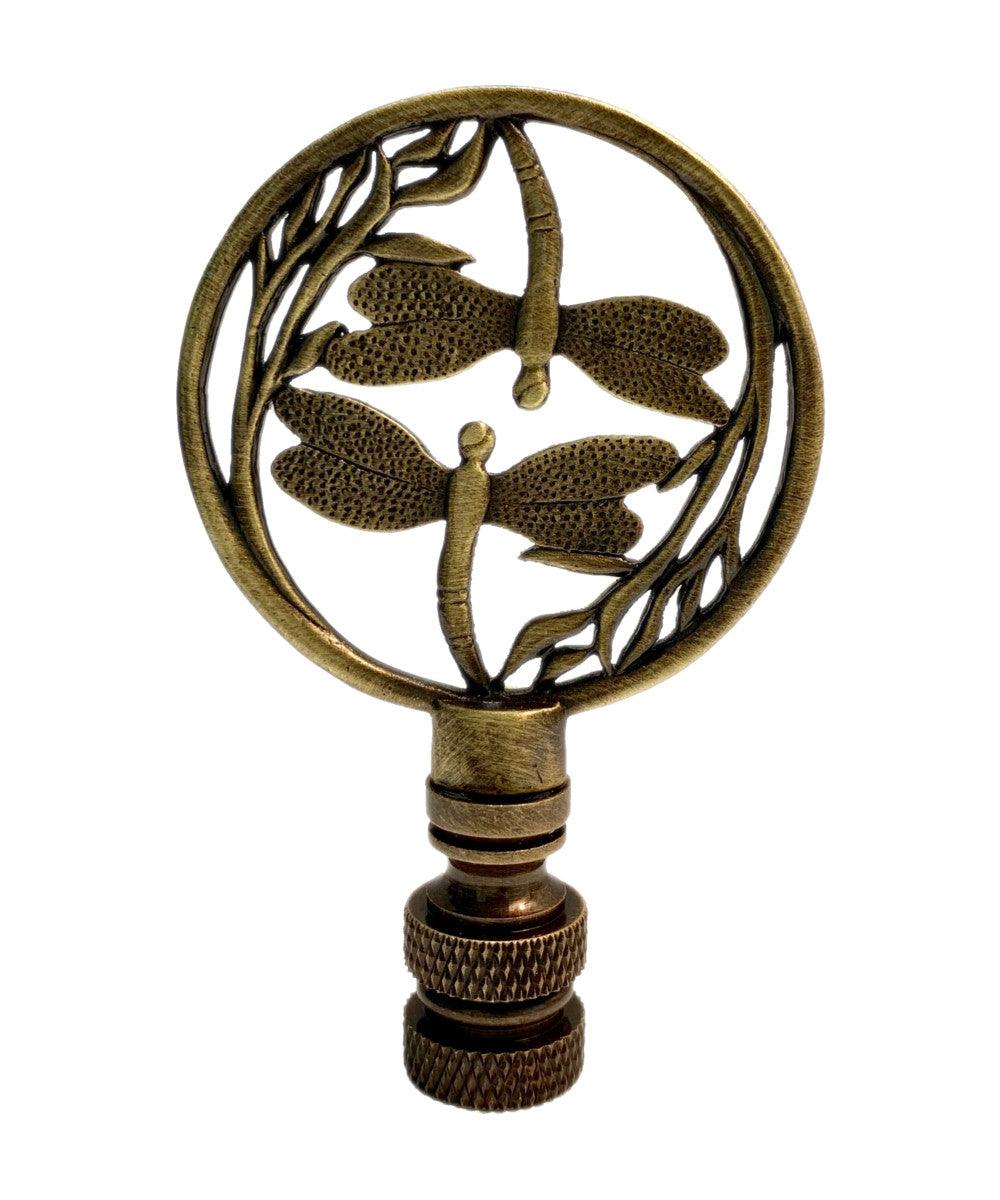 Double Dragonfly Lamp Finial Antique Brass 2.8